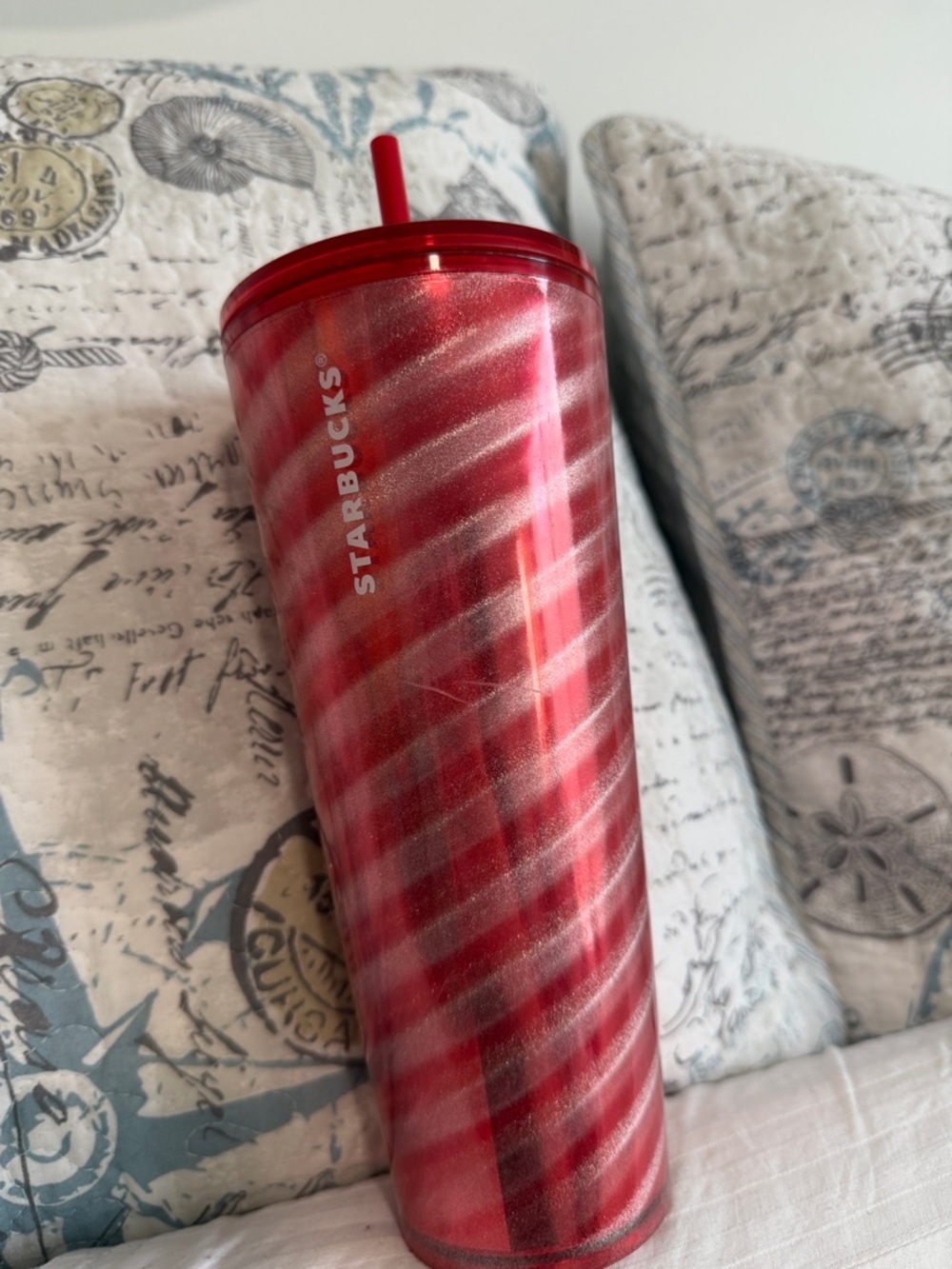 Starbucks Red Glitter Swirl Tumbler with Straw – Holiday Travel Cup
